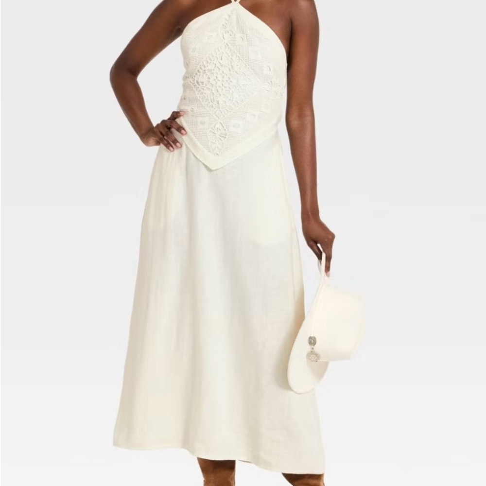 Ivory Crochet Halter Midi Dress